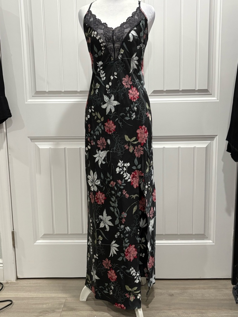 Nayomi Black Satin Floral Lace-Trim Maxi Slip Dress Size S